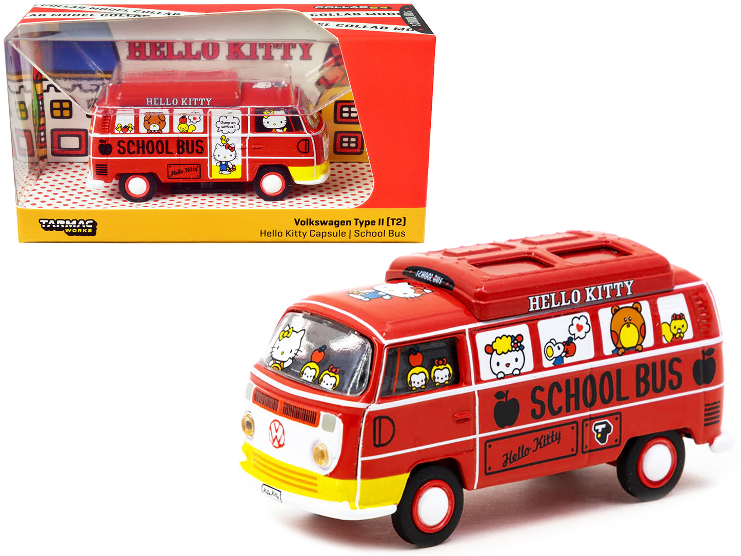 Volkswagen Type II (T2) Van Red "Hello Kitty Capsule School Bus" "Collab64" Series 1/64 Diecast Model Car by Schuco & Tarmac Works