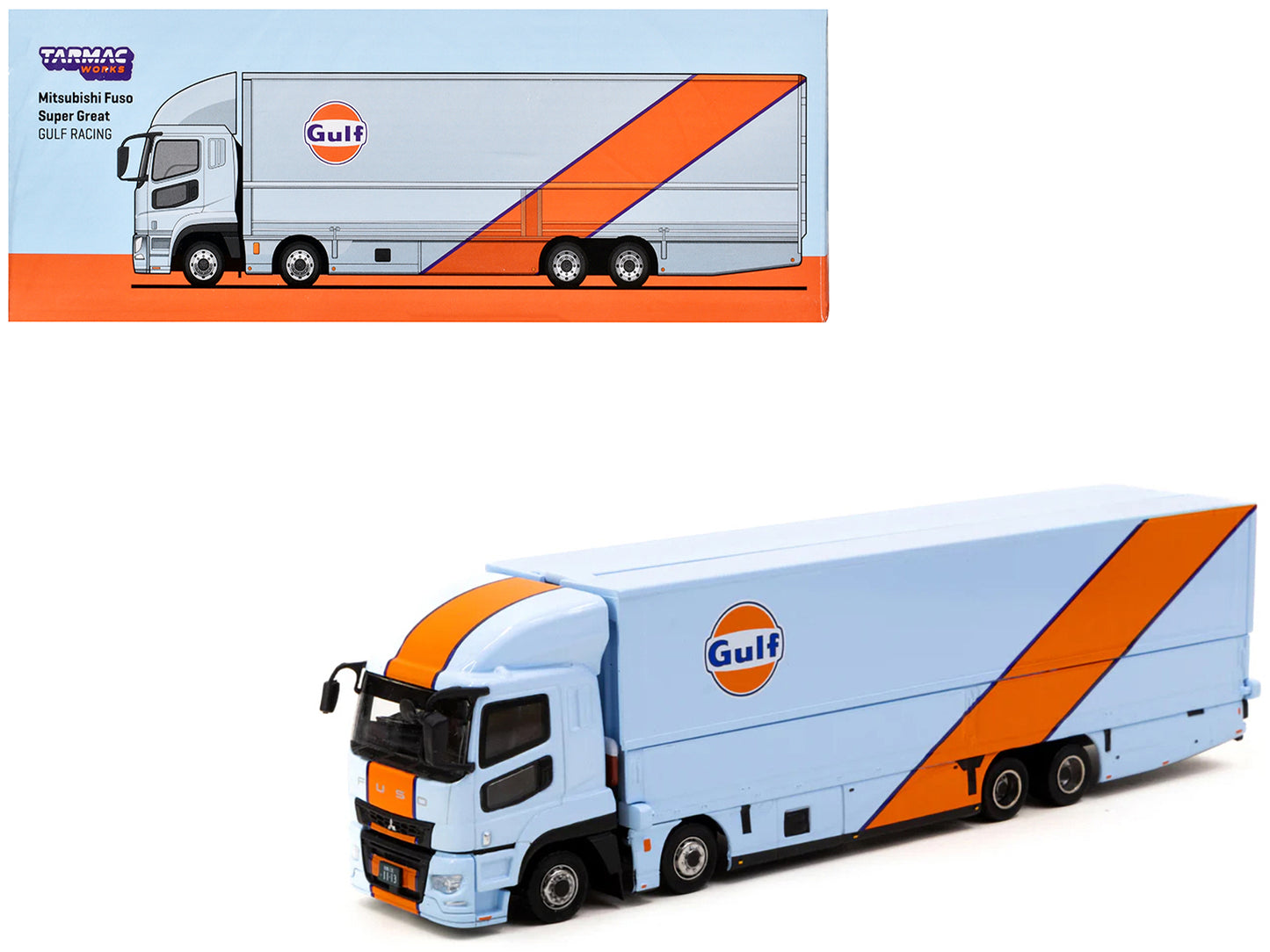 Mitsubishi Fuso Truck with Transporter Light Blue with Orange Stripes "Gulf Oil" "Truck64" Series 1/64 Diecast Model by Tarmac Works