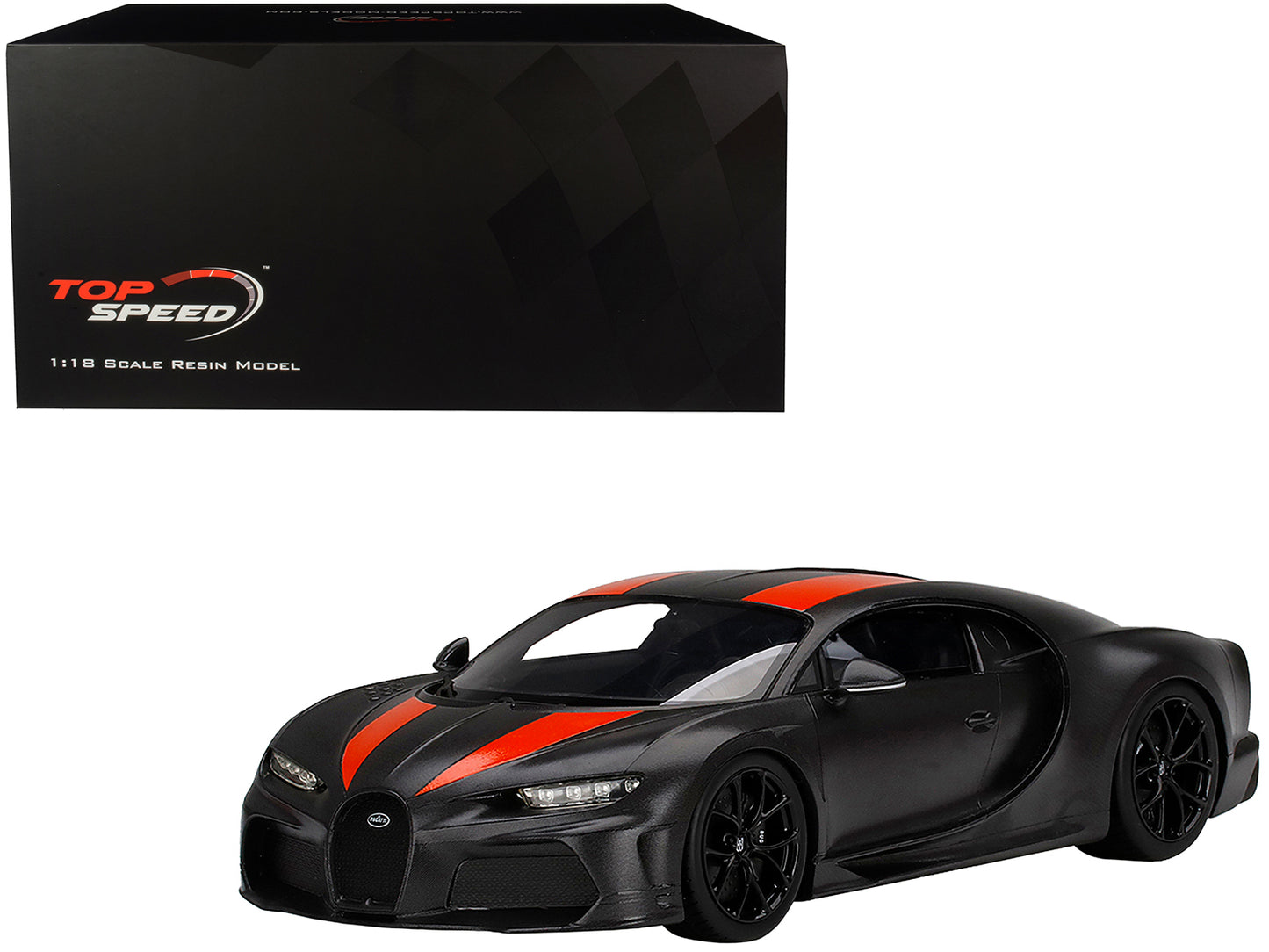 Bugatti Chiron Super Sport 300+ Matt Black with Orange Stripes "World Record 304.773 mph" 1/18 Model Car by Top Speed