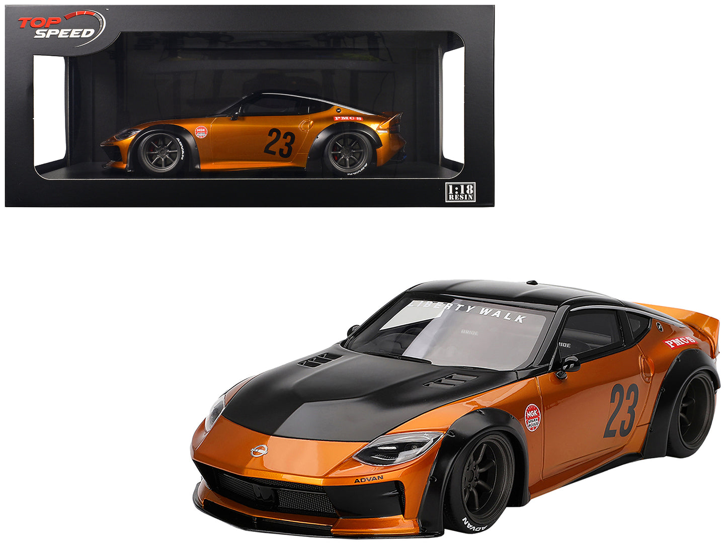 Nissan Z RHD (Right Hand Drive) #23 "LB-NATION WORKS" Orange Metallic with Matt Black Hood and Black Top 1/18 Model Car by Top Speed