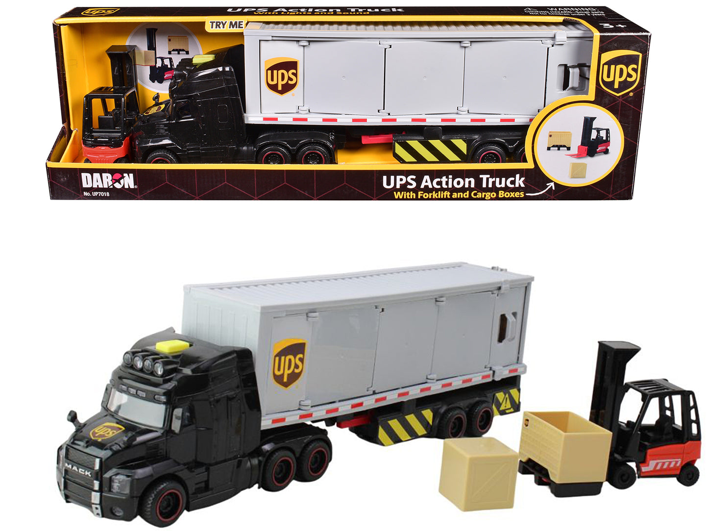 UPS Action Truck with Forklift and Cargo Boxes 4 Piece Set Diecast Model by Daron