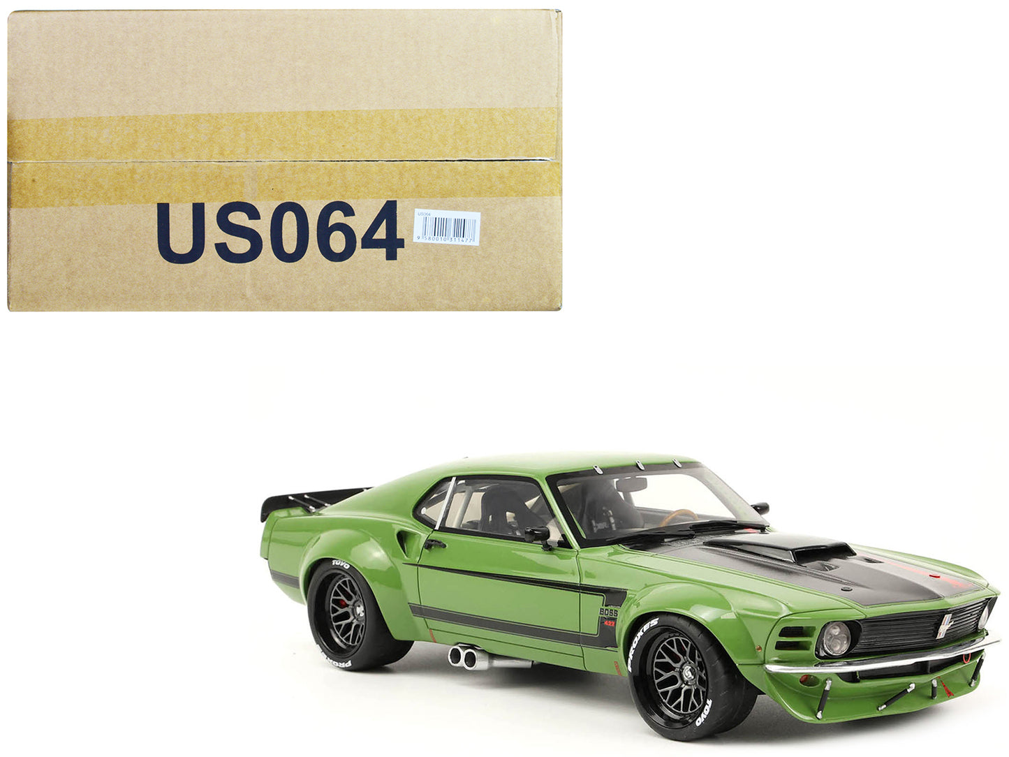 1970 Ford Mustang Widebody "By Ruffian" Green with Black Stripes 1/18 Model Car by GT Spirit for ACME