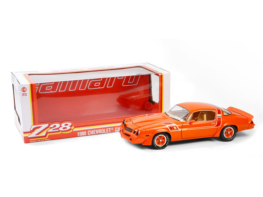 1980 Chevrolet Camaro Z28 Hugger Red Orange with Stripes 1/18 Diecast Model Car by Greenlight