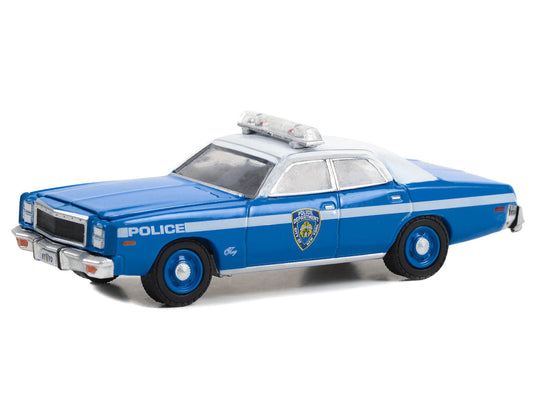 1977 Plymouth Fury "New York Police Department (NYPD)" Blue with White Top and Stripes with NYPD Squad Number Decal Sheet "Hobby Exclusive" Series 1/64 Diecast Model Car by Greenlight