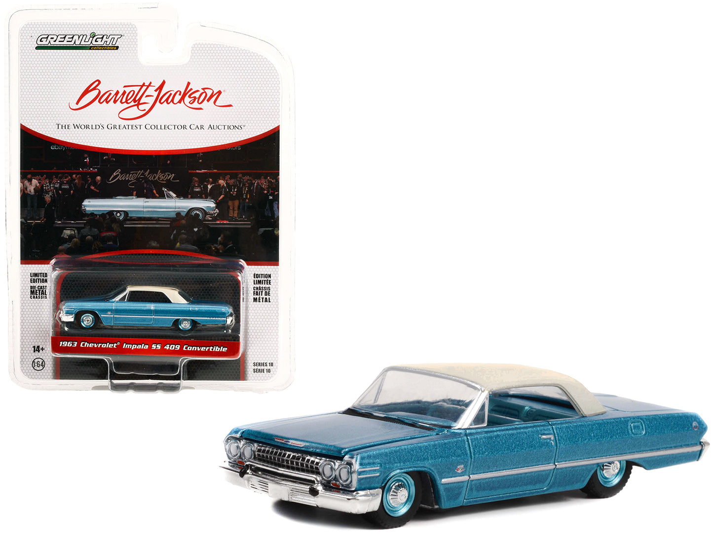 1963 Chevrolet Impala SS 409 Convertible Azure Aqua Blue Metallic with Cream Top (Lot #1119) Barrett-Jackson 'Scottsdale Edition' Series 10 1/64 Diecast Model Car by Greenlight