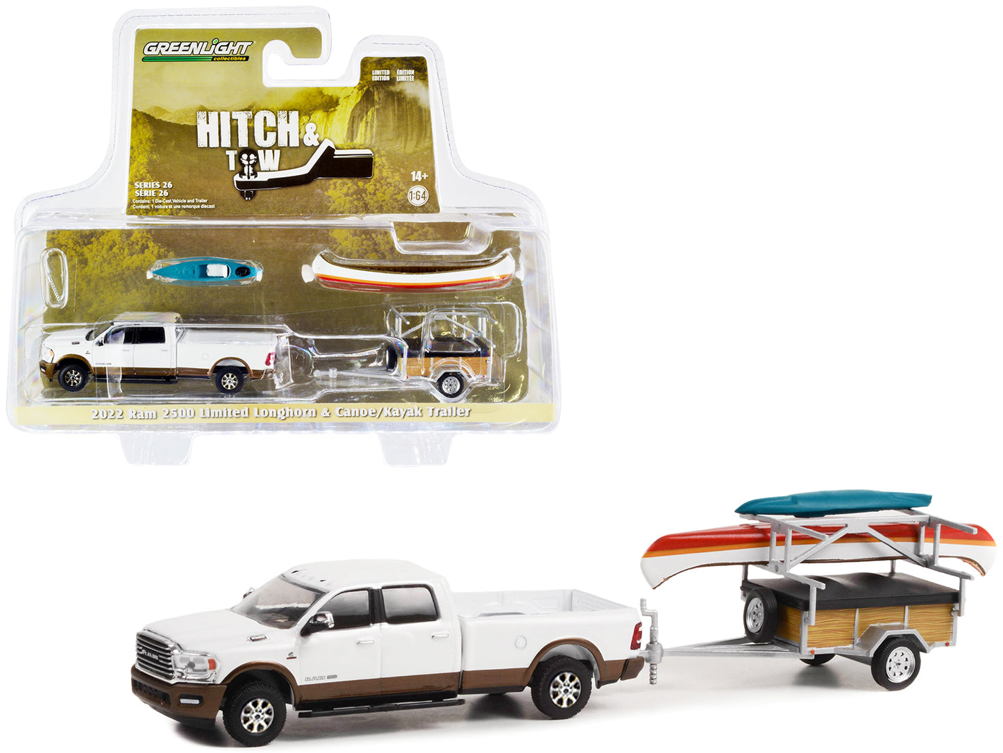 2022 Ram 2500 Limited Longhorn Pickup Truck Bright White and Walnut Brown and Canoe Trailer with Canoe Rack Canoe and Kayak "Hitch & Tow" Series 26 1/64 Diecast Model Car by Greenlight