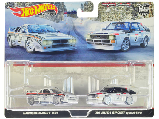 Lancia Rally 037 #037 White with Stripes and 1984 Audi Sport Quattro #2 White "Car Culture" Set of 2 Cars Diecast Model Cars by Hot Wheels