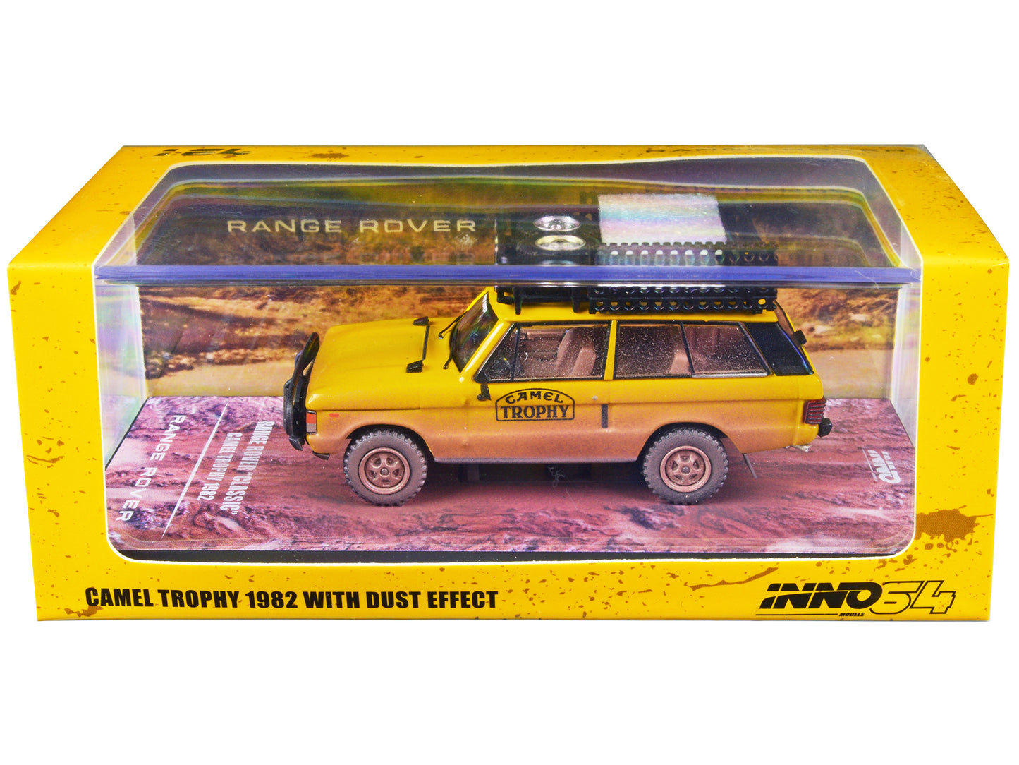 Land Rover Range Rover Classic "Camel Trophy 1982" Yellow (Dust Effect) with Roof Rack Tool Box and 4 Oil Container Accessories 1/64 Diecast Model Car by Inno Models