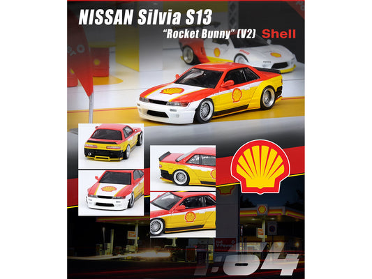 Nissan Silvia S13 Rocket Bunny V2 RHD (Right Hand Drive) Yellow and Red with White "Shell" 1/64 Diecast Model Car by Inno Models