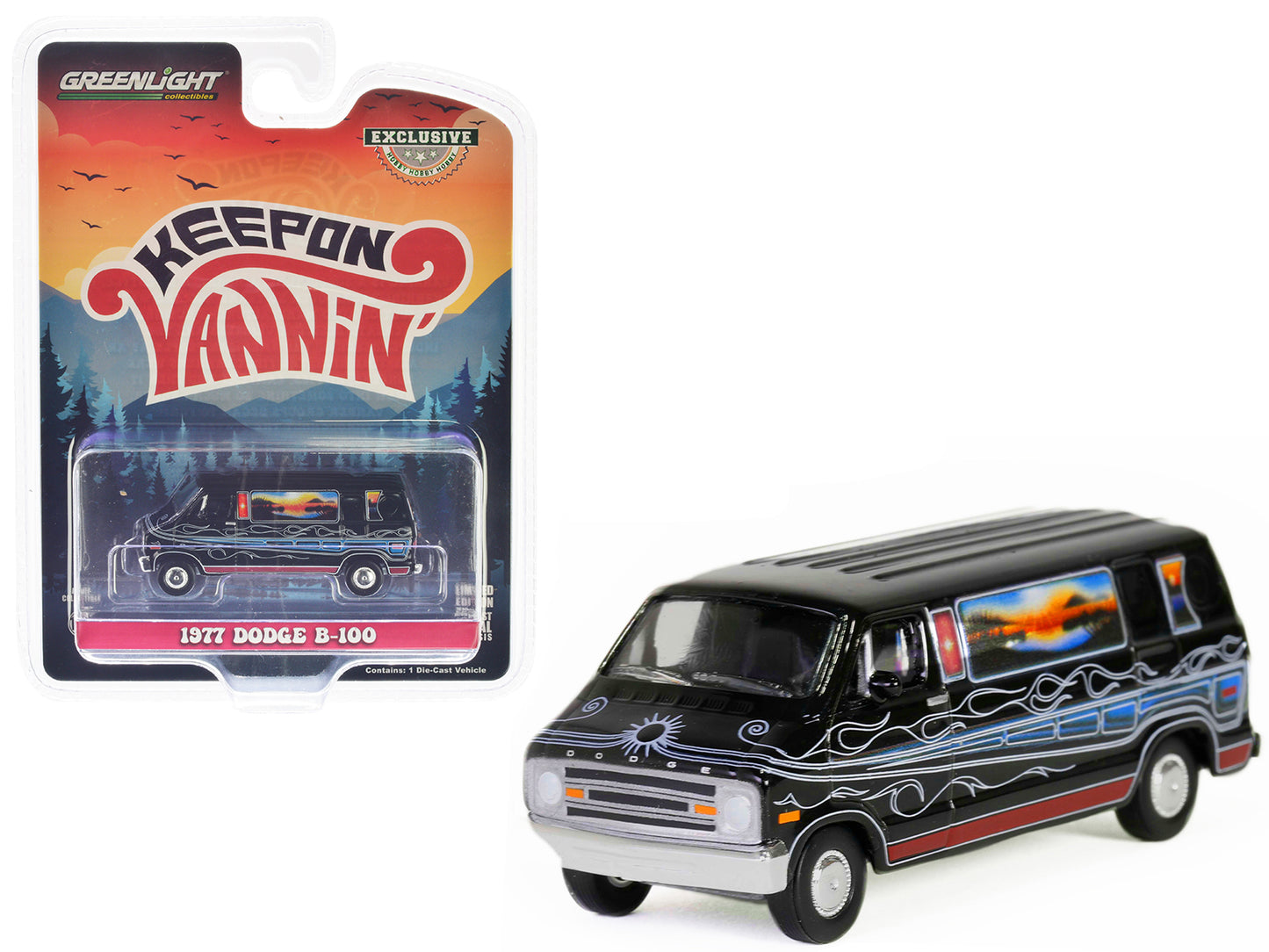 1977 Dodge B-100 Van Black with Mountain Sunrise Graphics "Keep On Vannin'" "Hobby Exclusive" Series 1/64 Diecast Model Car by Greenlight