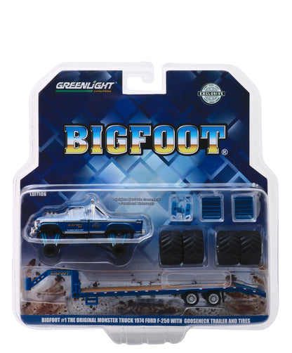 1974 Ford F-250 Monster Truck "Bigfoot #1 The Original Monster Truck (1979)" with Gooseneck Trailer and Regular and Replacement 66" Tires "Hobby Exclusive" 1/64 Diecast Model Car by Greenlight