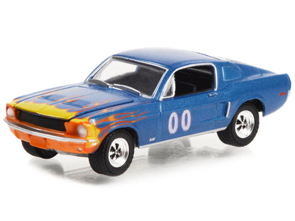 1968 Ford Mustang GT Fastback #00 Blue Metallic with Flames Graphics "Hobby Exclusive" Series 1/64 Diecast Model Car by Greenlight