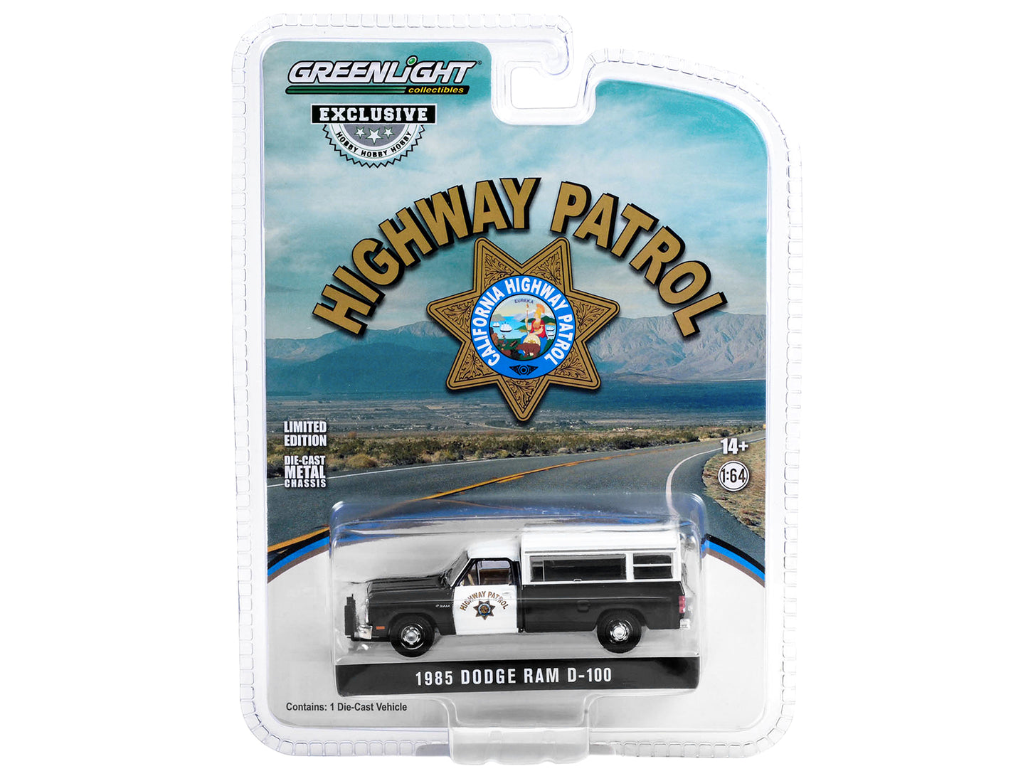 1985 Dodge Ram D-100 Pickup Truck Black and White "California Highway Patrol" with Camper Shell "Hobby Exclusive" Series 1/64 Diecast Model Car by Greenlight