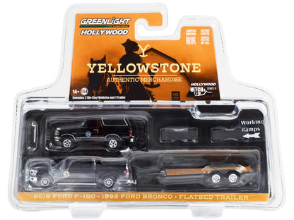 2018 Ford F-150 Pickup Truck Gray with 1992 Ford Bronco "Montana Livestock Association" Black and Flatbed Car Trailer "Yellowstone" (2018-Current) TV Series "Hollywood Hitch & Tow" Series 11 1/64 Diecast Model Cars by Greenlight