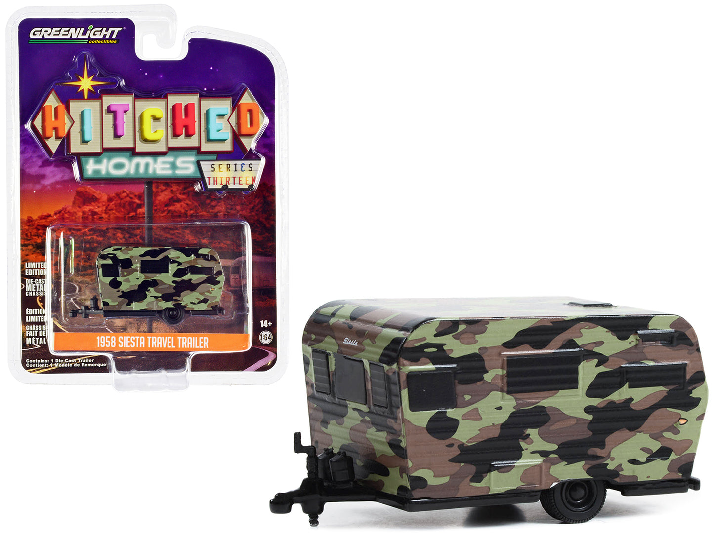 1958 Siesta Travel Trailer Camouflage "Hitched Homes" Series 13 1/64 Diecast Model by Greenlight