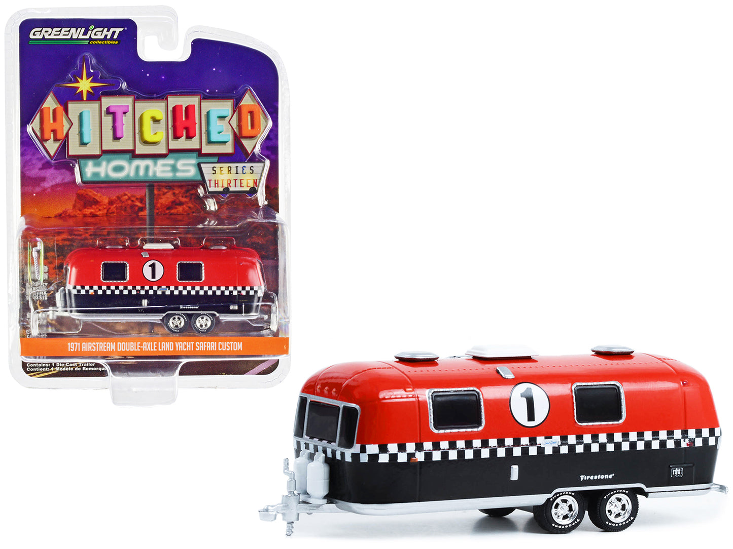 1971 Airstream Double-Axle Land Yacht Safari Custom #1 "Firestone Racing" Red and Black "Hitched Homes" Series 13 1/64 Diecast Model by Greenlight