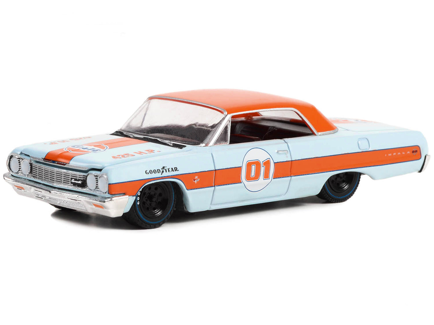 1964 Chevrolet Impala SS #01 Light Blue with Orange Top and Stripes "Gulf Oil" "Running on Empty" Series 15 1/64 Diecast Model Car by Greenlight