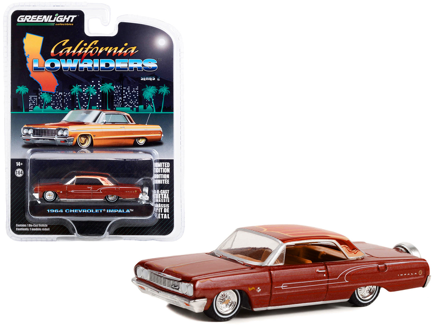 1964 Chevrolet Impala Copper Brown Metallic with Graphics "California Lowriders" Series 2 1/64 Diecast Model Car by Greenlight