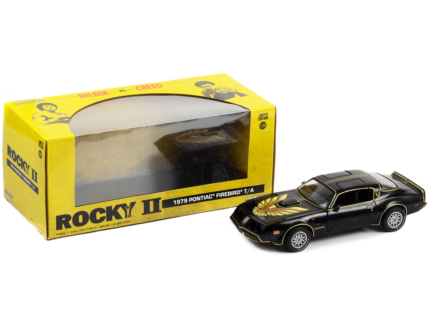 1979 Pontiac Firebird T/A Trans Am Black with Hood Phoenix "Rocky II" (1979) Movie 1/24 Diecast Model Car by Greenlight