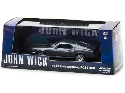 1969 Ford Mustang BOSS 429 Gray with Black Stripes "John Wick" (2014) Movie 1/43 Diecast Model Car by Greenlight