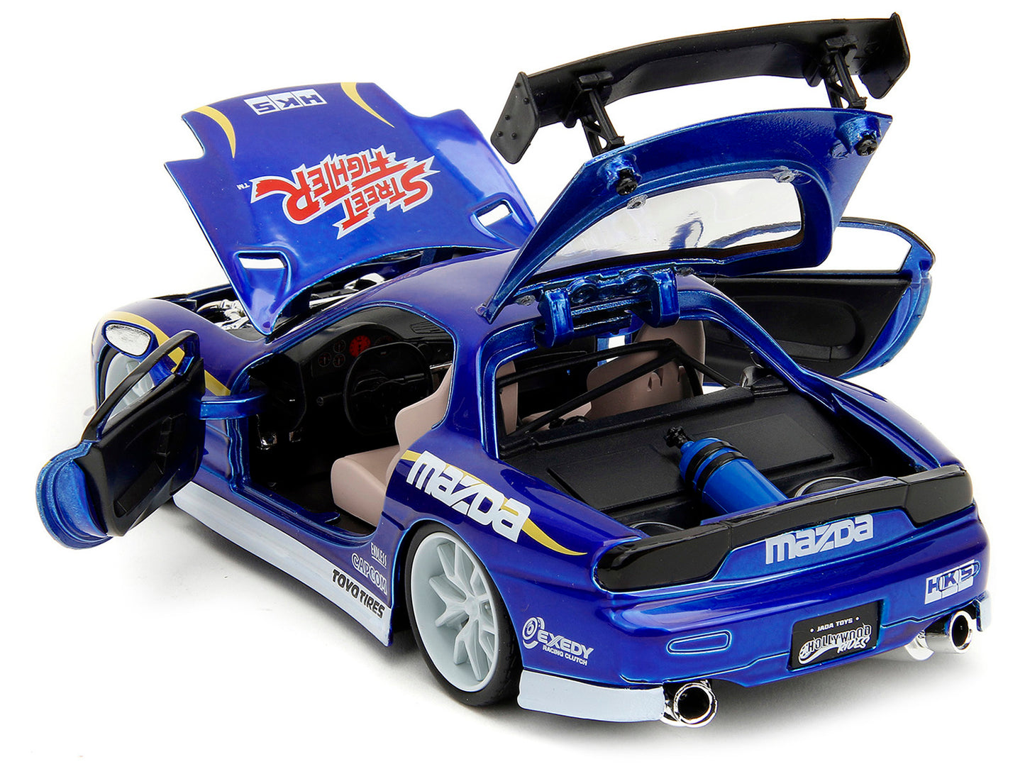 1993 Mazda RX-7 Candy Blue Metallic with Graphics and Chun-Li Diecast Figure "Street Fighter" Video Game "Anime Hollywood Rides" Series 1/24 Diecast Model Car by Jada