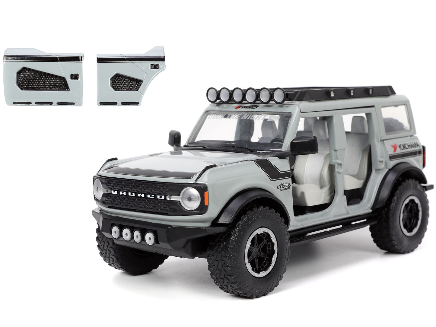 2021 Ford Bronco Gray with Black Stripes with Roof Rack "Own the Night" "Just Trucks" Series 1/24 Diecast Model Car by Jada