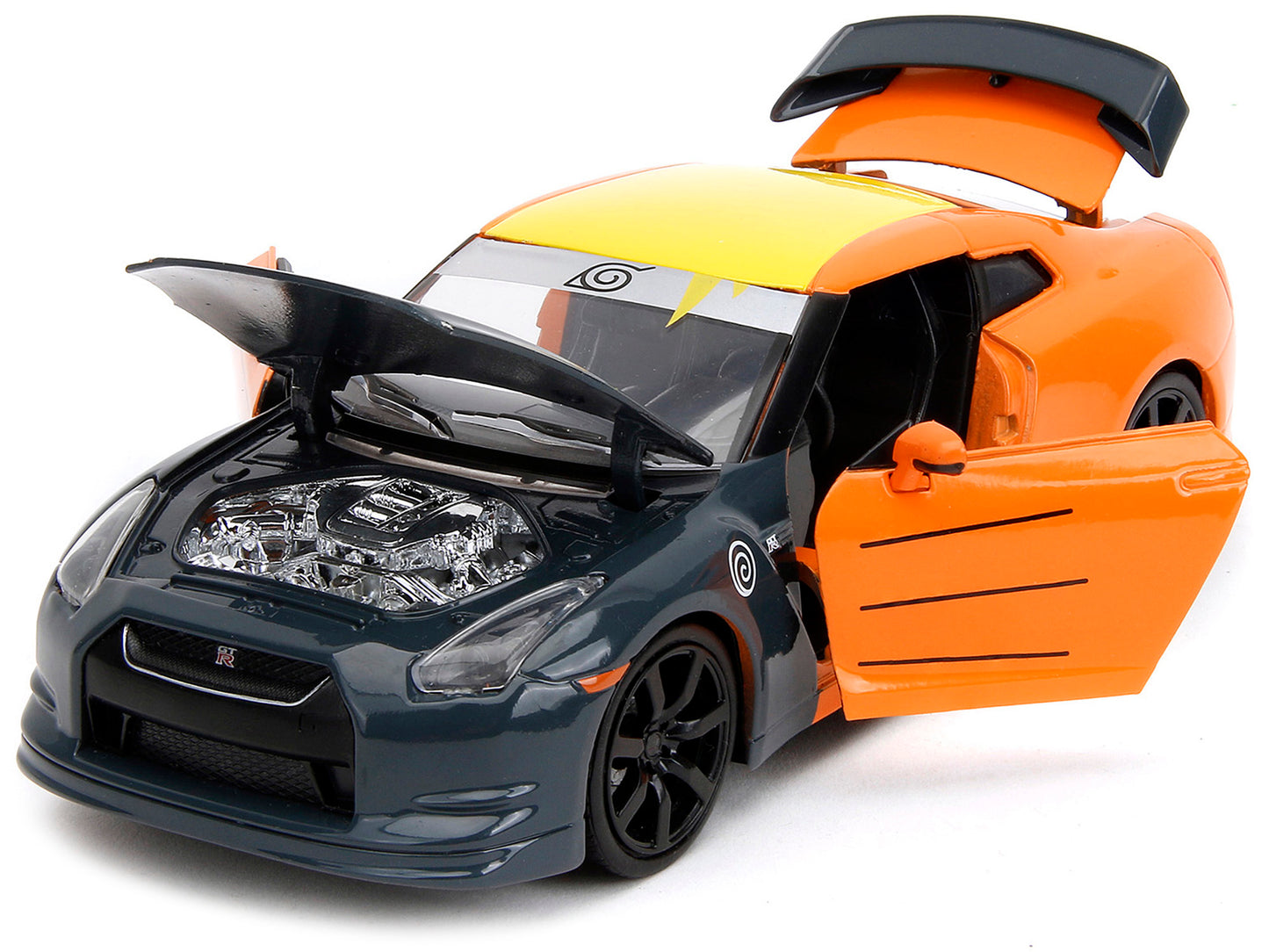 2009 Nissan GT-R (R35) Orange and Dark Gray with Yellow Top and Graphics and Naruto Diecast Figure "Naruto Shippuden" (2009-2017) TV Series "Anime Hollywood Rides" Series 1/24 Diecast Model Car by Jada