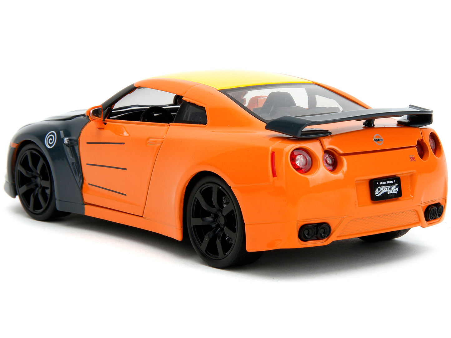 2009 Nissan GT-R (R35) Orange and Dark Gray with Yellow Top and Graphics and Naruto Diecast Figure "Naruto Shippuden" (2009-2017) TV Series "Anime Hollywood Rides" Series 1/24 Diecast Model Car by Jada