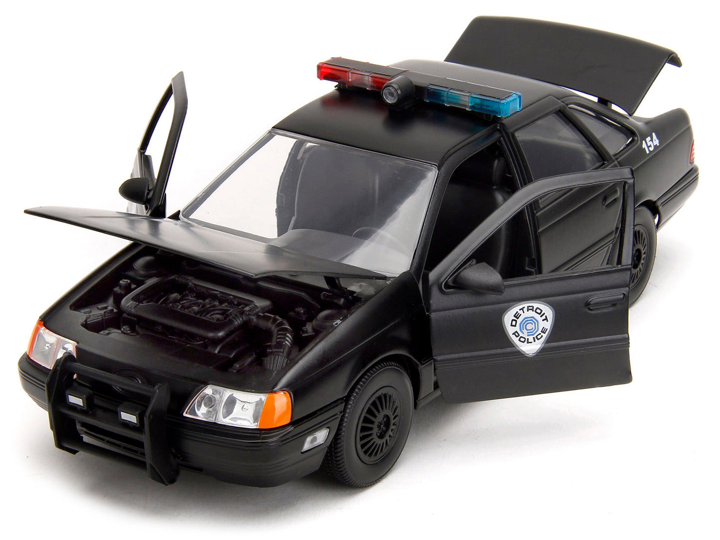 Ford Taurus OCP Matt Black "Detroit Police" and Robocop Diecast Figure 35th Anniversary "Robocop" (1987) Movie "Hollywood Rides" Series 1/24 Diecast Model Car by Jada