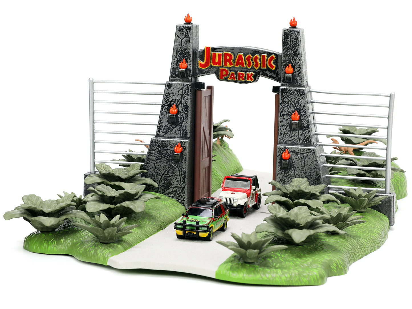 Jurassic Park Theme Park Entrance Diorama with Jeep Wrangler and Ford Explorer 30th Anniversary "Jurassic Park" (1993) Movie "Nano Hollywood Rides" Series Models by Jada