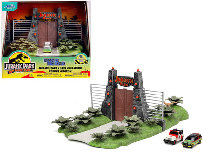 Jurassic Park Theme Park Entrance Diorama with Jeep Wrangler and Ford Explorer 30th Anniversary "Jurassic Park" (1993) Movie "Nano Hollywood Rides" Series Models by Jada