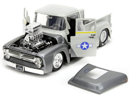 1956 Ford F-100 Pickup Truck Tan and Gray Metallic and Guile Diecast Figure "Street Fighter" Video Game "Anime Hollywood Rides" Series 1/24 Diecast Model Car by Jada