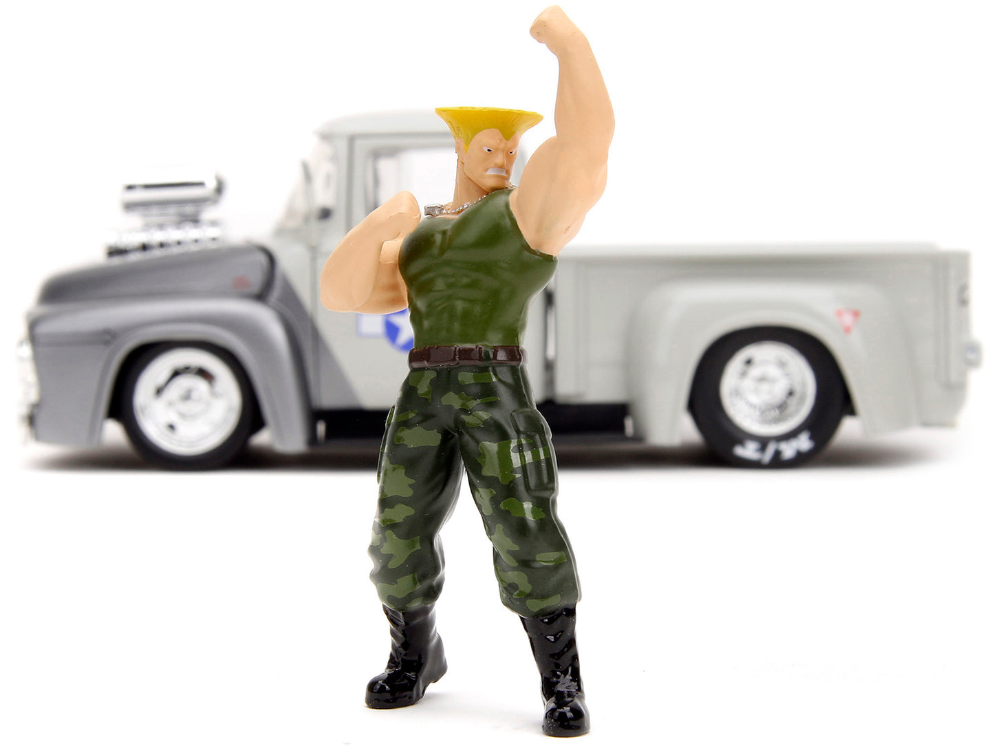 1956 Ford F-100 Pickup Truck Tan and Gray Metallic and Guile Diecast Figure "Street Fighter" Video Game "Anime Hollywood Rides" Series 1/24 Diecast Model Car by Jada