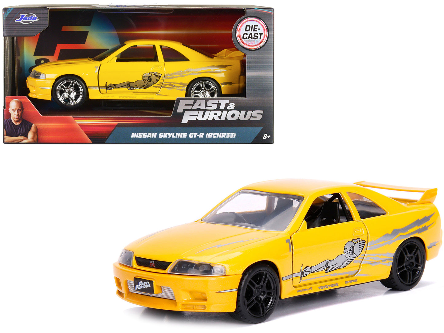 Leon's Nissan Skyline GT-R (BCNR33) Yellow Metallic with Graphics "Fast & Furious" Series 1/32 Diecast Model Car by Jada