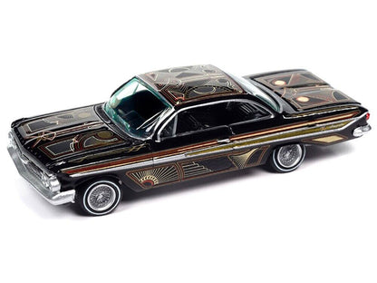 1961 Chevrolet Impala Lowrider Black with Graphics and Diecast Figure Limited Edition to 3600 pieces Worldwide 1/64 Diecast Model Car by Johnny Lightning