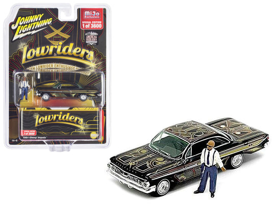 1961 Chevrolet Impala Lowrider Black with Graphics and Diecast Figure Limited Edition to 3600 pieces Worldwide 1/64 Diecast Model Car by Johnny Lightning