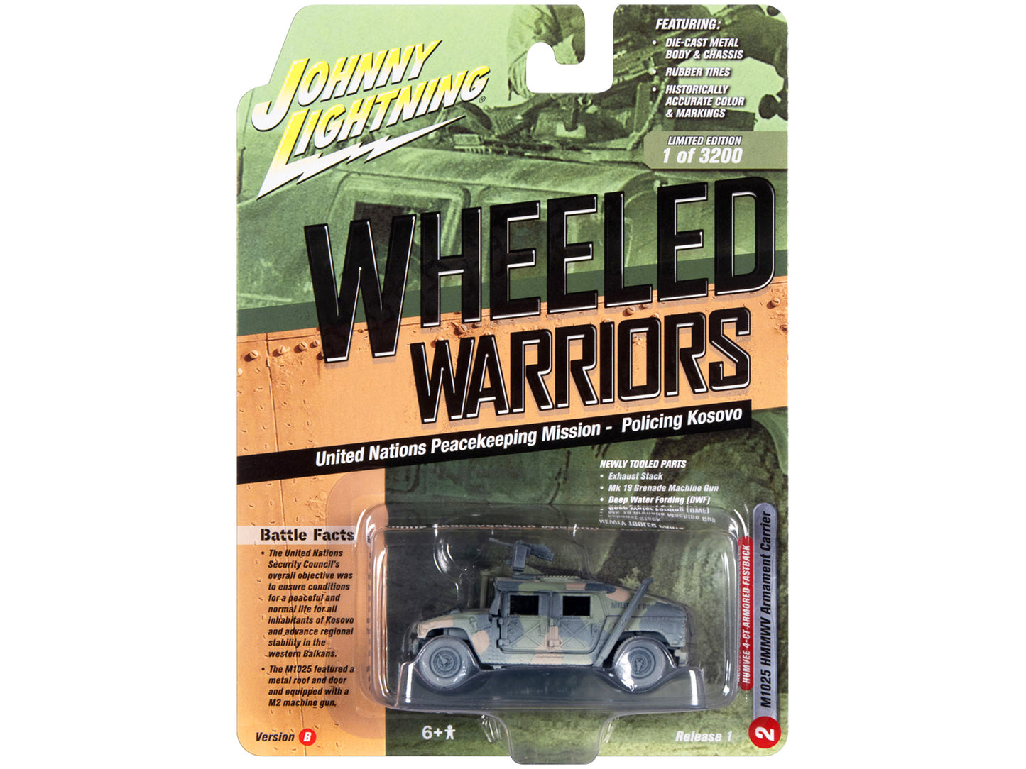 Humvee 4-CT Armored Fastback M1025 HMMWV Armament Carrier Camouflage (Battle Worn) "United Nations Peacekeeping Mission - Policing Kosovo" "Wheeled Warriors" Series Limited Edition to 3200 pieces Worldwide 1/64 Diecast Model Car by Johnny Lightning