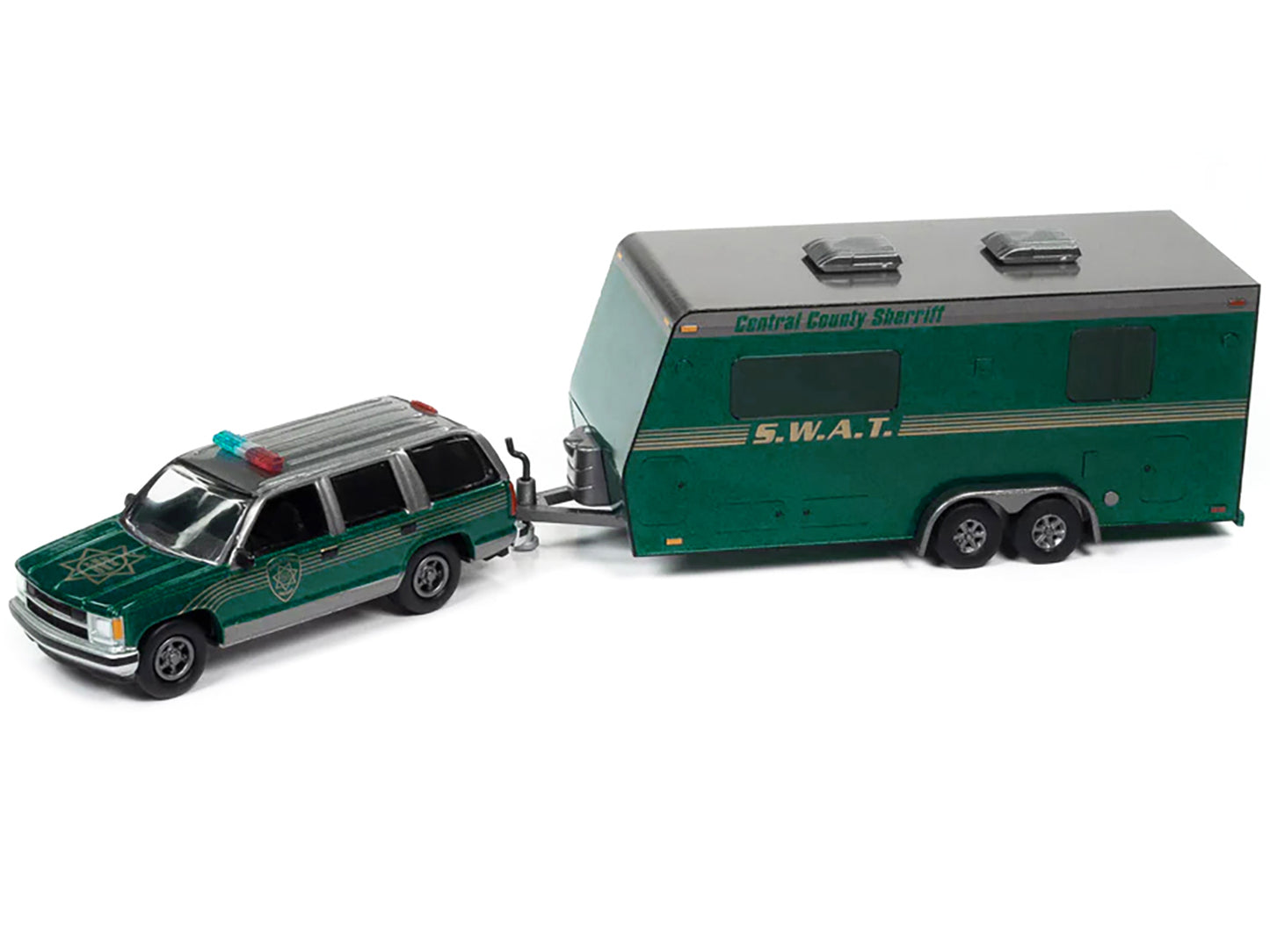 1997 Chevrolet Tahoe "Central County Sheriff" Emerald Green and Gray with "SWAT" Camper Trailer Limited Edition to 9652 pieces Worldwide "Truck and Trailer" Series 1/64 Diecast Model Car by Johnny Lightning