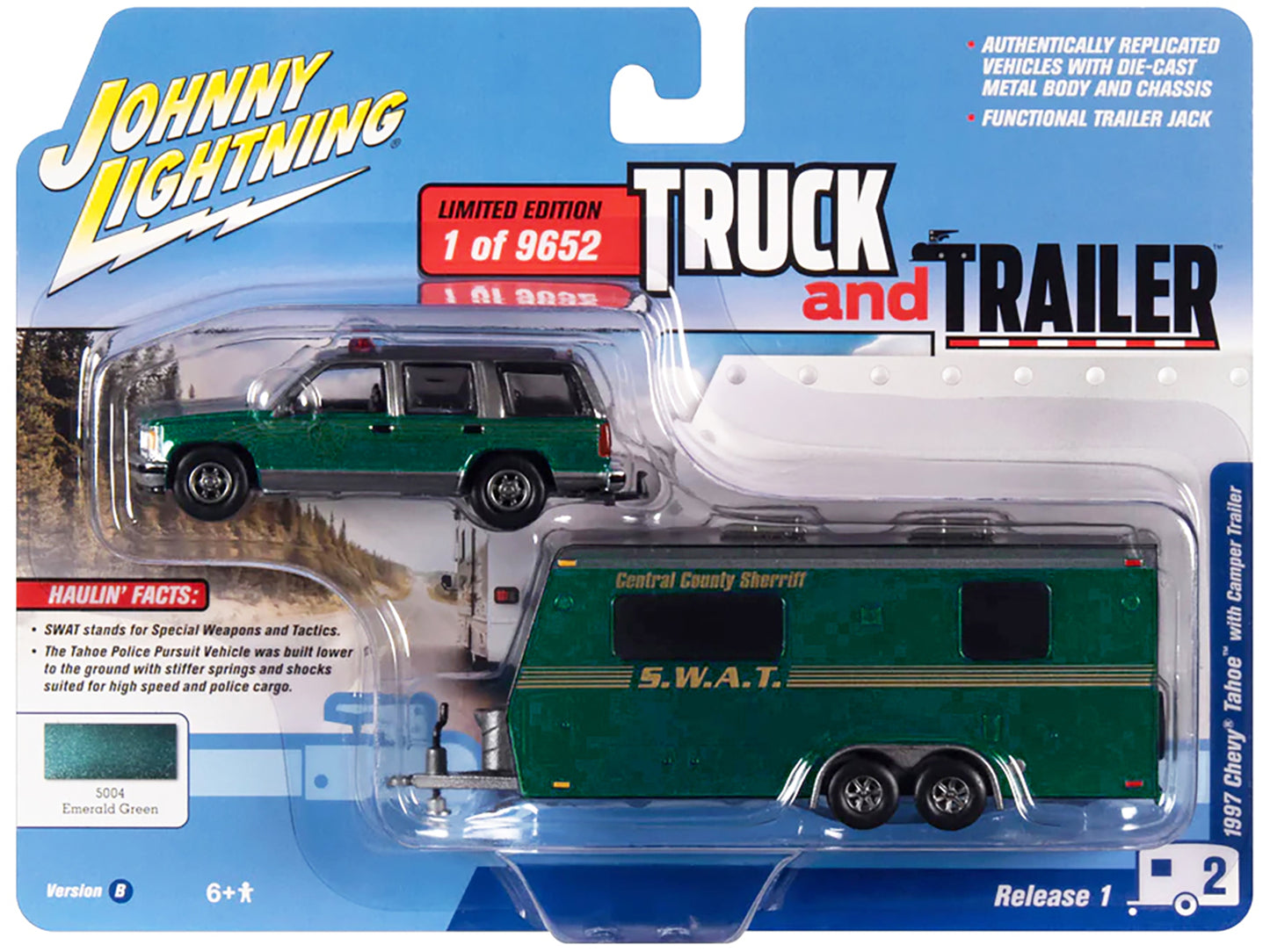 1997 Chevrolet Tahoe "Central County Sheriff" Emerald Green and Gray with "SWAT" Camper Trailer Limited Edition to 9652 pieces Worldwide "Truck and Trailer" Series 1/64 Diecast Model Car by Johnny Lightning