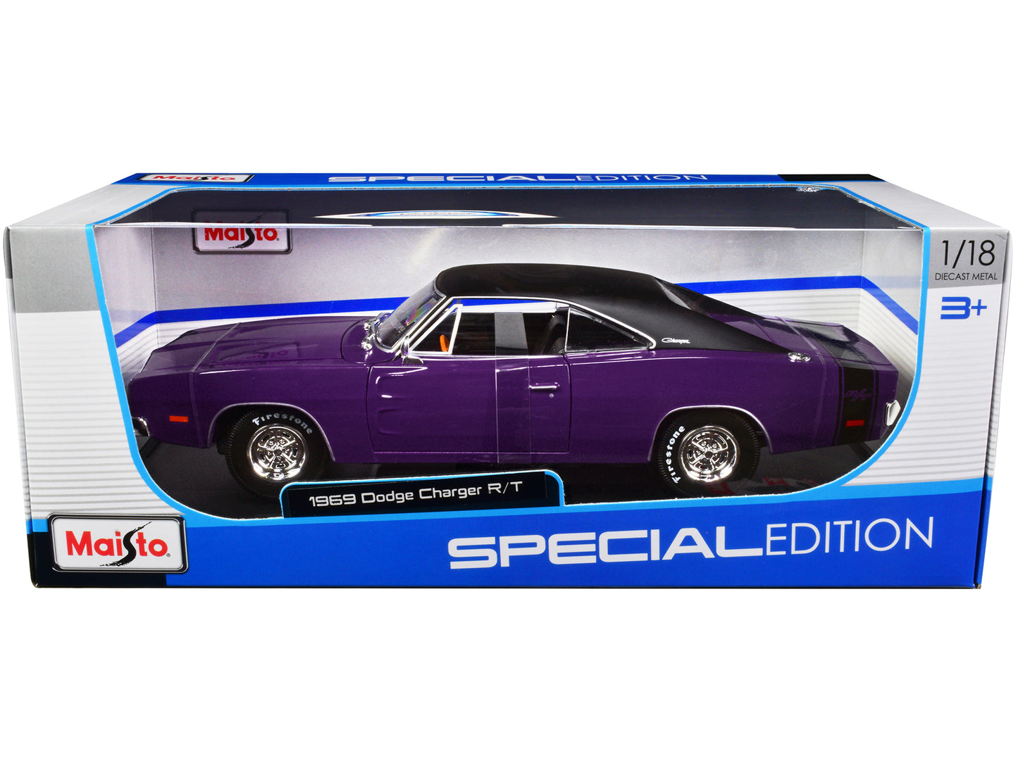 1969 Dodge Charger R/T Purple with Matt Black Top and Black Tail Stripe "Special Edition" 1/18 Diecast Model Car by Maisto