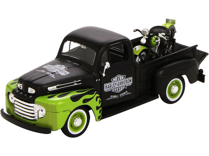 1948 Ford F-1 Pickup Truck "Harley Davidson" with 1948 Harley Davidson FL Panhead Motorcycle Black and Green 1/24 Diecast Models by Maisto