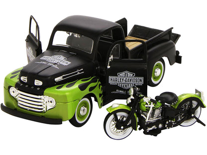 1948 Ford F-1 Pickup Truck "Harley Davidson" with 1948 Harley Davidson FL Panhead Motorcycle Black and Green 1/24 Diecast Models by Maisto