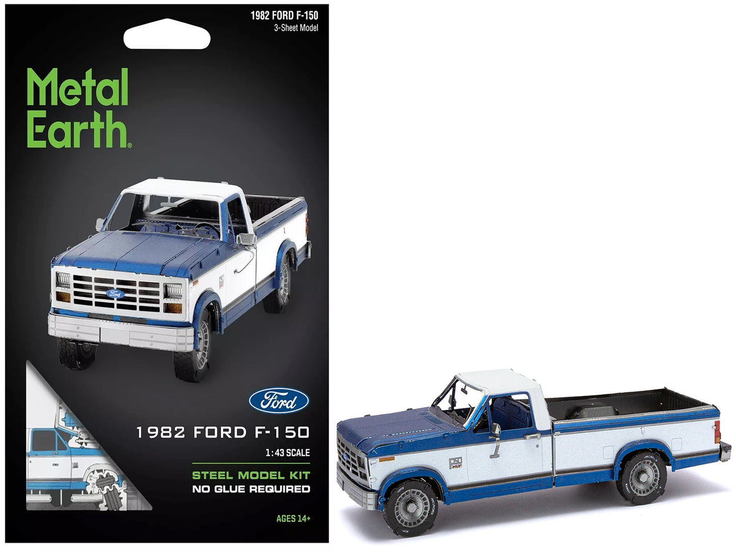 Model Kit 1982 Ford F-150 Pickup Truck Blue and White (Moderate Difficulty) Steel Model by Metal Earth