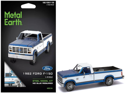 Model Kit 1982 Ford F-150 Pickup Truck Blue and White (Moderate Difficulty) Steel Model by Metal Earth