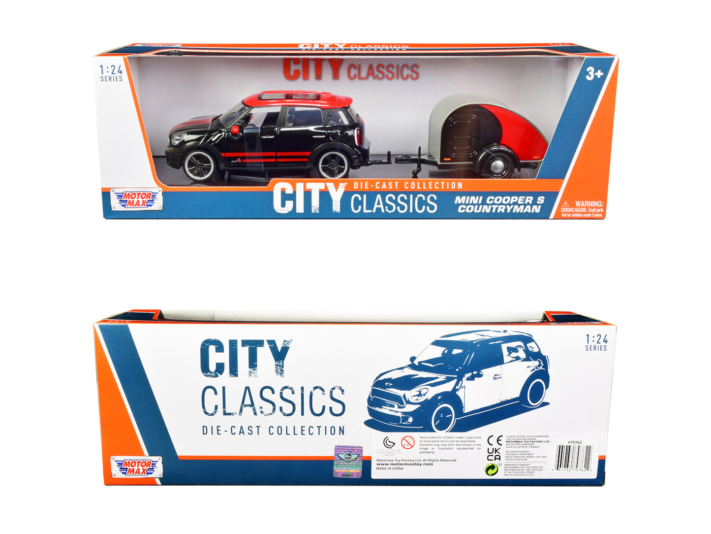 Mini Cooper S Countryman with Travel Trailer Black and Red "City Classics" Series 1/24 Diecast Model Car by Motormax