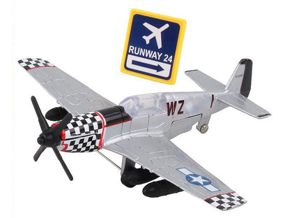 North American P-51 Mustang Fighter Aircraft Silver Metallic "United States Army Air Force" with Runway 24 Sign Diecast Model Airplane by Runway24