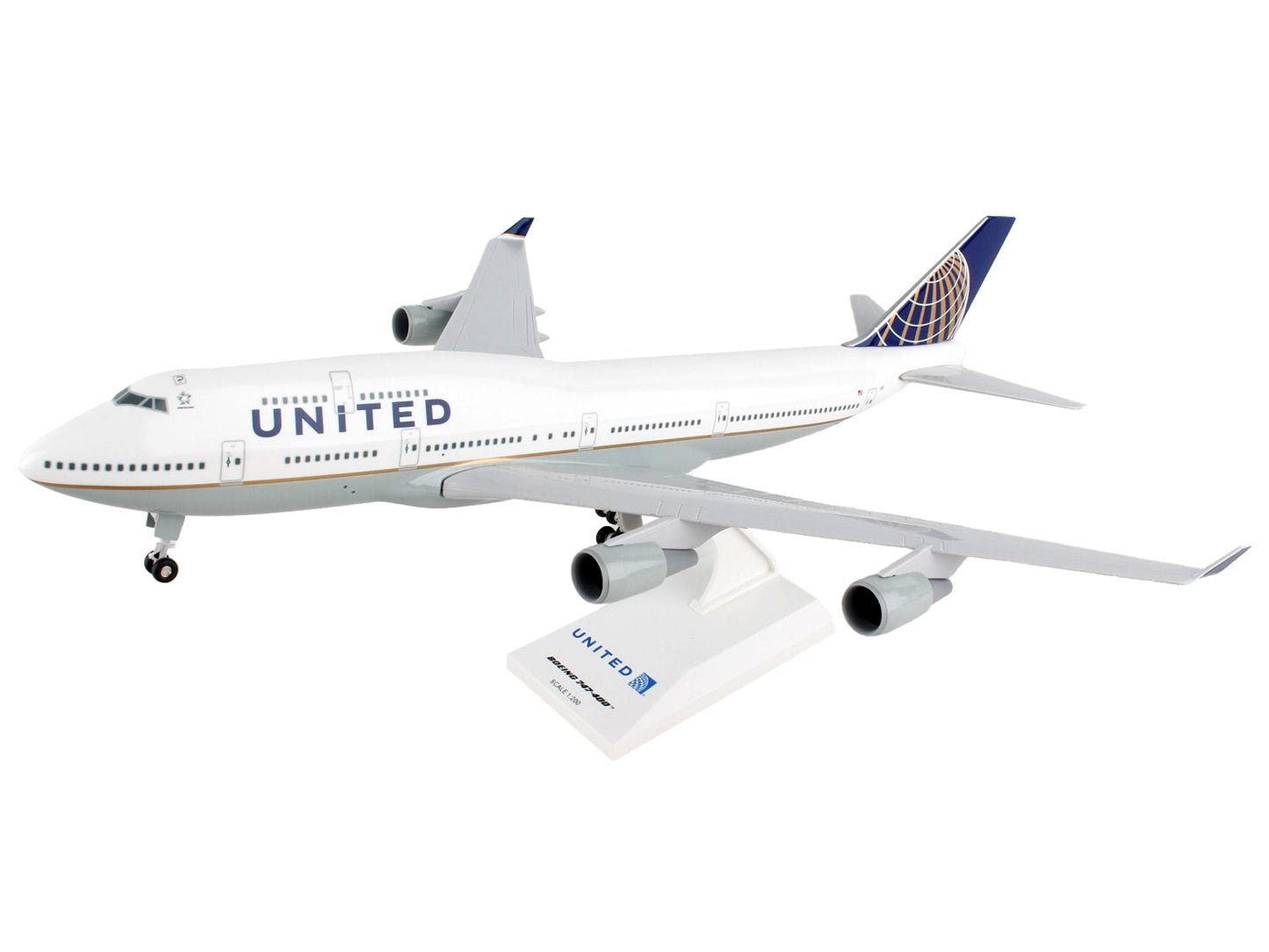 Boeing 747-400 Commercial Aircraft with Landing Gear "United Airlines" (N127UA) White with Blue Tail (Snap-Fit) 1/200 Plastic Model by Skymarks