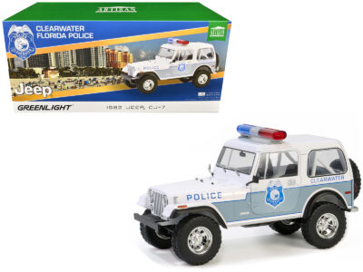1982 Jeep CJ-7 "Clearwater Florida Police Department" White and Light Blue "Artisan Collection" Series 1/18 Diecast Model Car by Greenlight