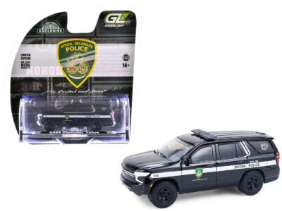 2024 Chevrolet Tahoe Police Pursuit Vehicle "Dover Police – 100th Anniversary Edition" Black with White Stripes "Hobby Exclusive" Series 1/64 Diecast Model Car by Greenlight