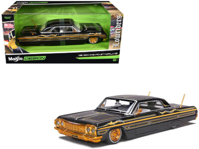 1964 Chevrolet Impala SS Lowrider Black Metallic with Gold Graphics and Gray Interior "Lowriders" "Maisto Design" Series 1/26 Diecast Model Car by Maisto